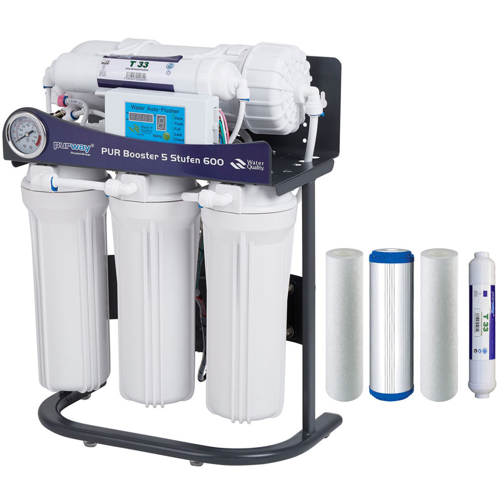 Impianto a osmosi inversa a flusso diretto PUR Booster a 5 stadi 600 GPD + set filtri di ricambio