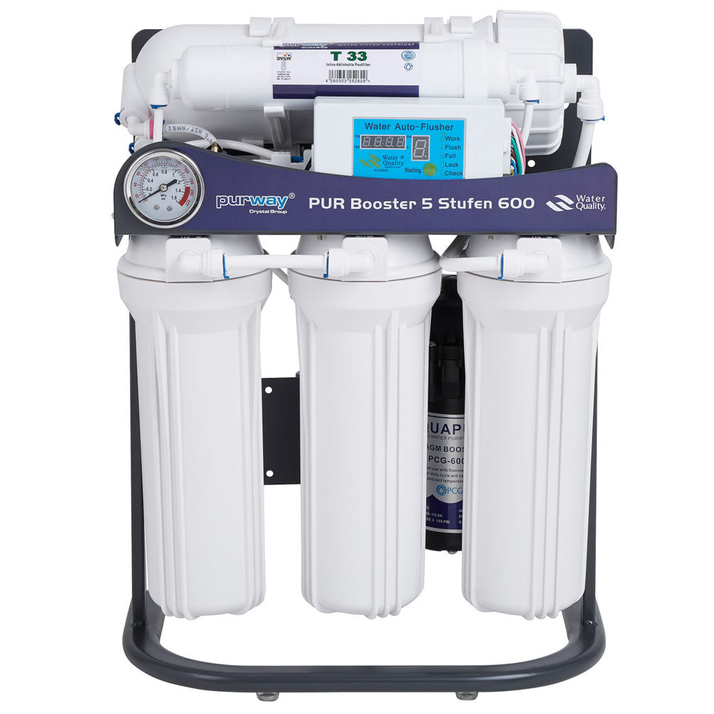 Impianto a osmosi inversa PUR Booster a 5 stadi 600 GPD a flusso diretto - fronte