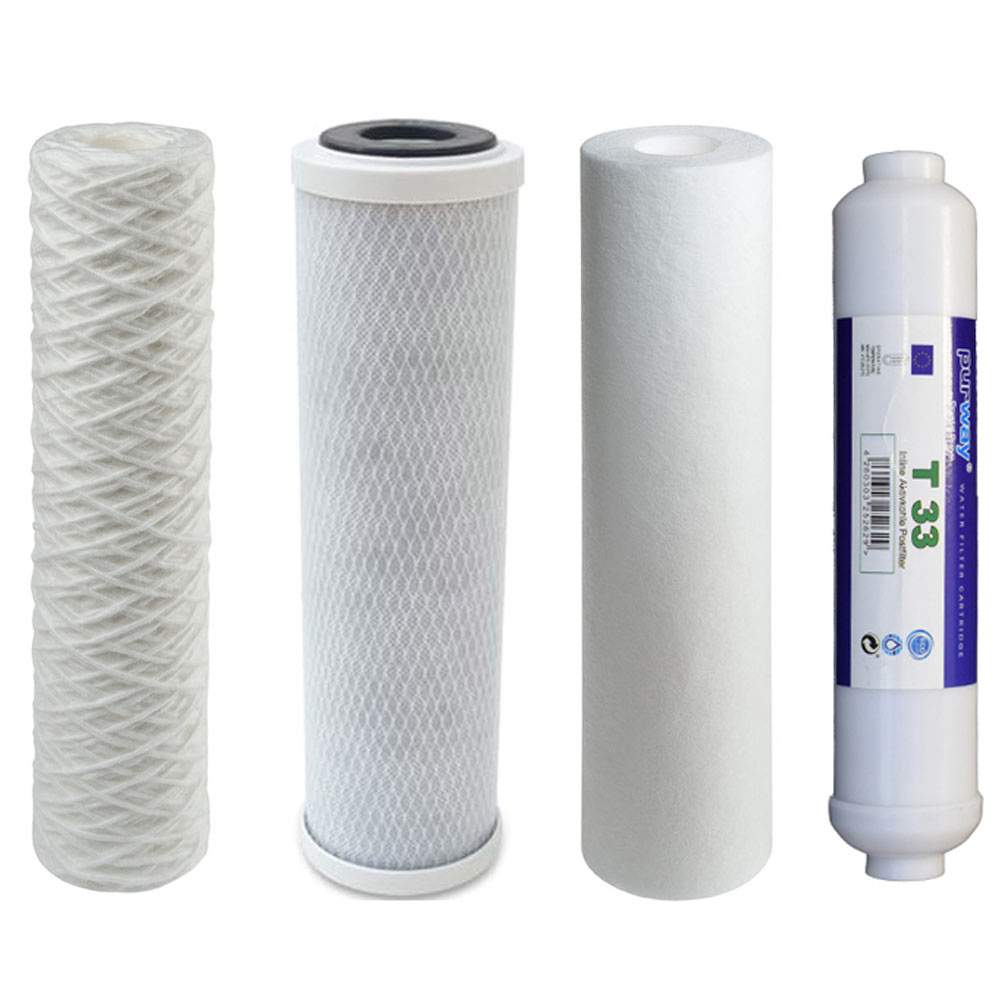 Set di 4 filtri per osmosi 25-10-1-T33 per 1°-3° e 5° stadio dell'osmosi inversa